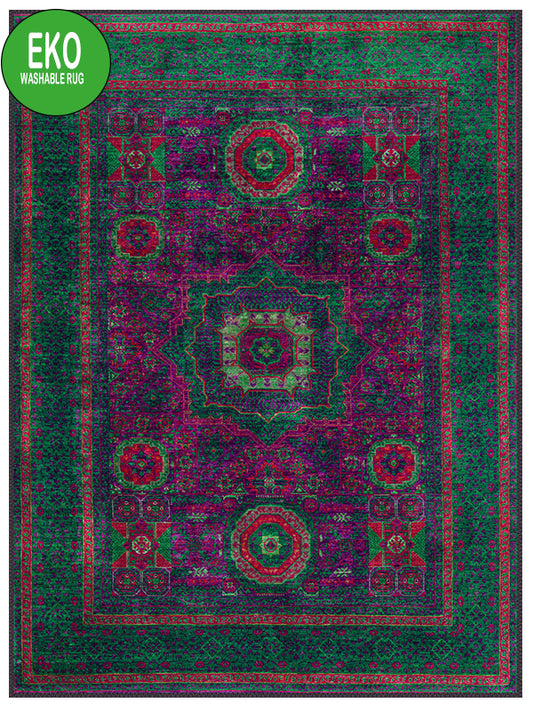 Green afghan Medallion Rug, washable decorative living room carpet with green medallion